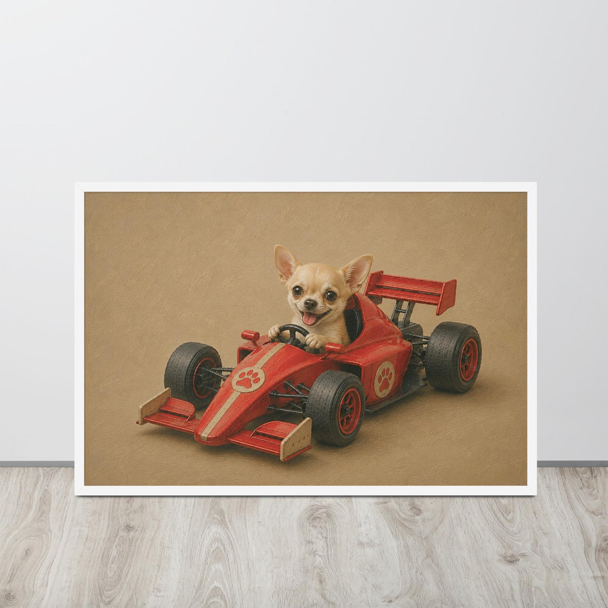 Chihuahua Dog Racing Car Wall Art with f1 nursery details, curated for racing car nursery interiors