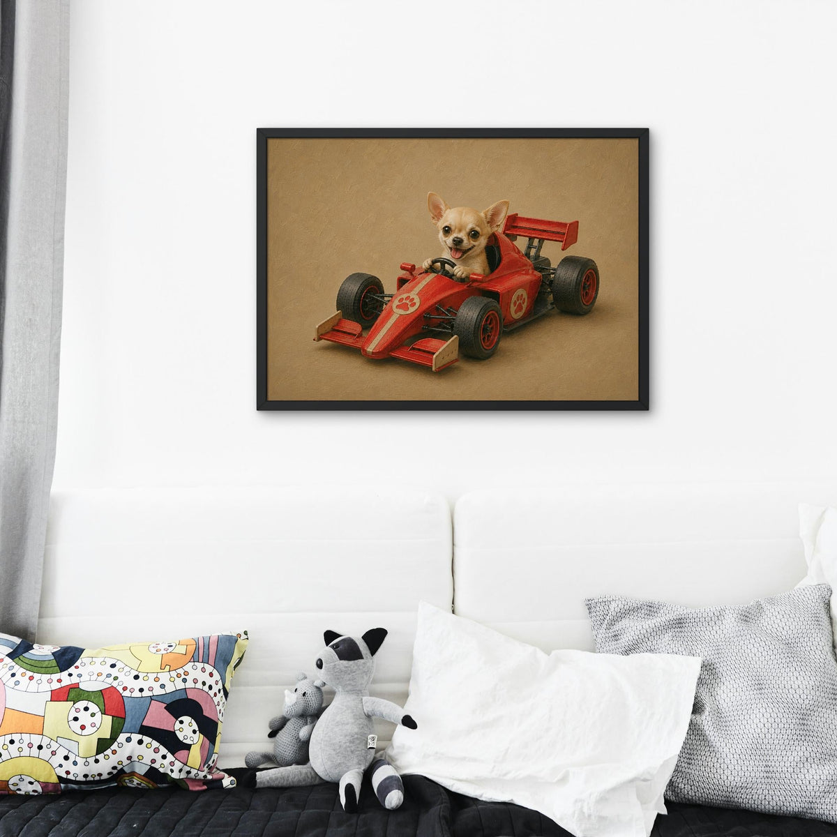 Chihuahua Dog Racing Car Wall Art featuring boy nursery wall art, perfect f1 poster for home decor
