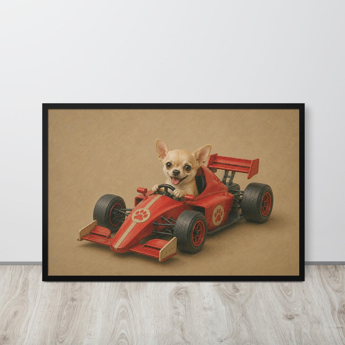 Chihuahua Dog Racing Car Wall Art mockup highlighting cute dog and nursery wall art style