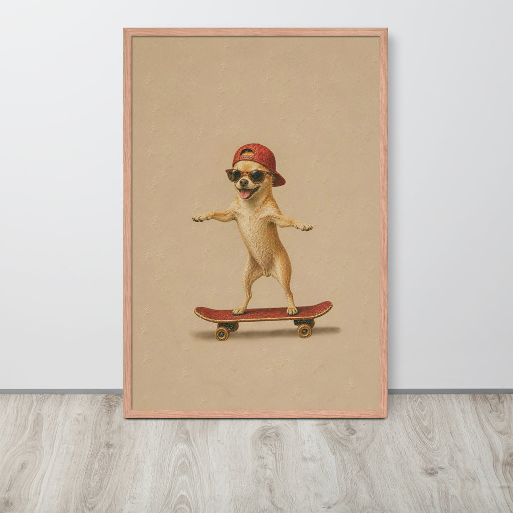 Chihuahua dog nursery wall art print featuring a small chihuahua dog wearing a red cap and sunglasses while balancing on a red skateboard, displayed against a light gray wall on a wood floor.
