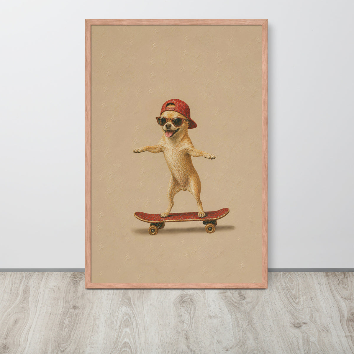 Chihuahua dog nursery wall art print featuring a small chihuahua dog wearing a red cap and sunglasses while balancing on a red skateboard, displayed against a light gray wall on a wood floor.