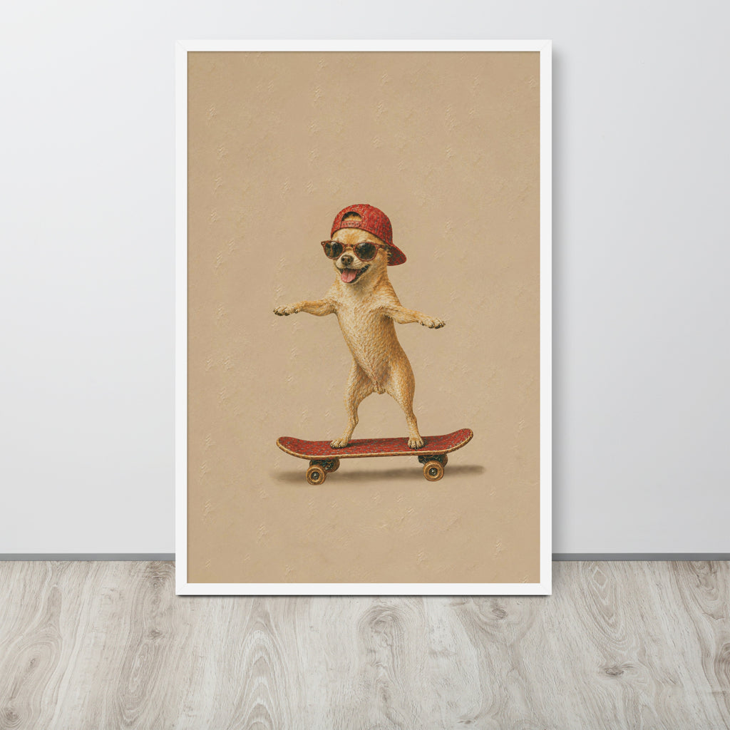 Dog nursery decor wall art print featuring a small chihuahua dog wearing a red cap and sunglasses while balancing on a red skateboard, displayed against a light gray wall on a wood floor.