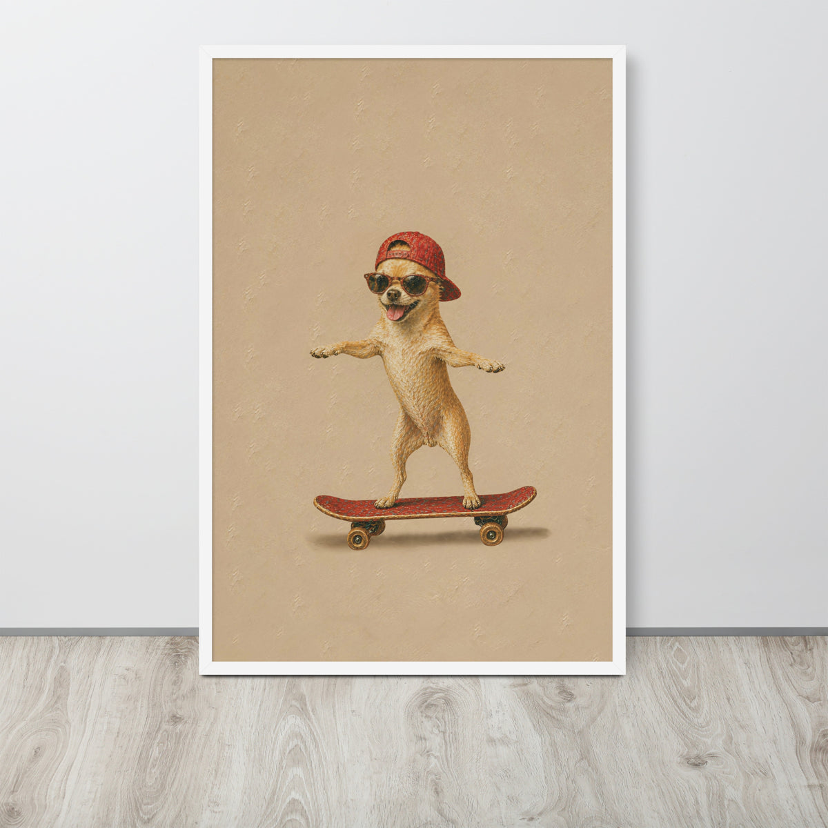 Dog nursery decor wall art print featuring a small chihuahua dog wearing a red cap and sunglasses while balancing on a red skateboard, displayed against a light gray wall on a wood floor.