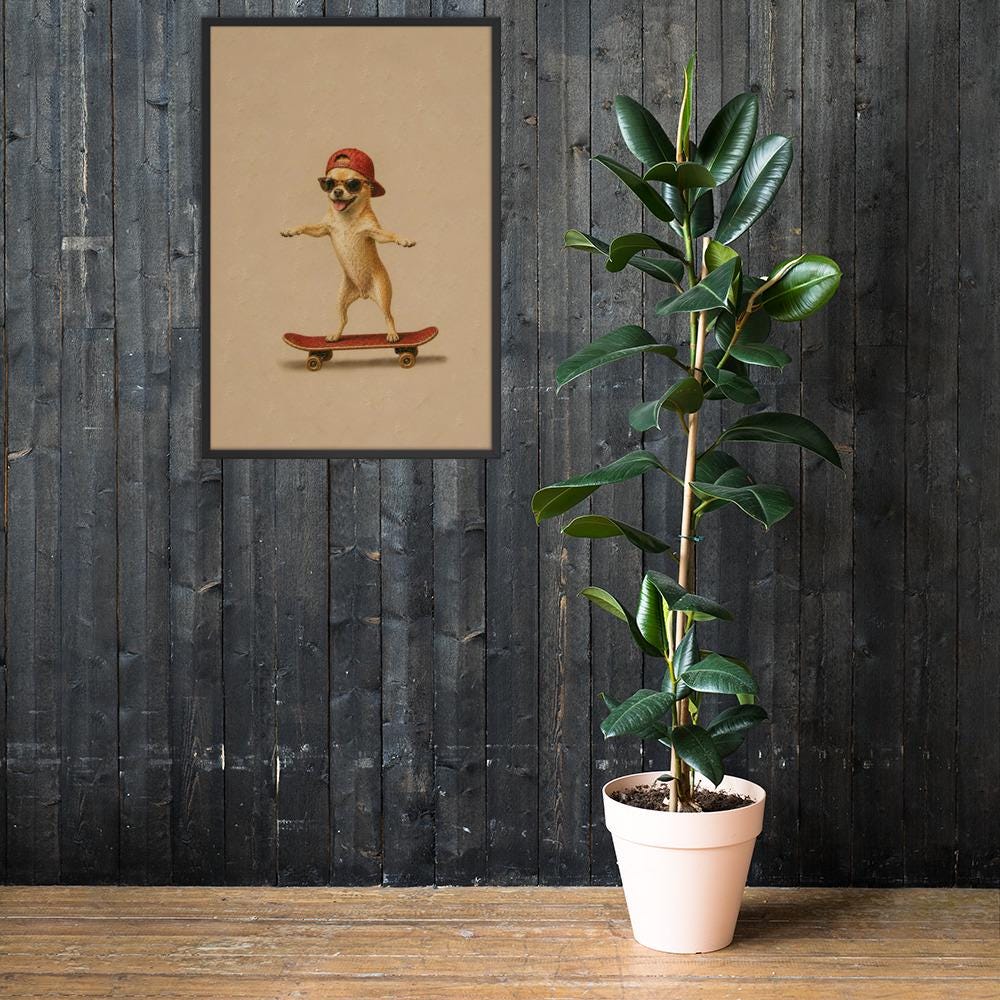 Chihuahua Dog Skateboard Wall Art mockup highlighting chihuahua print and minimalist wall art style