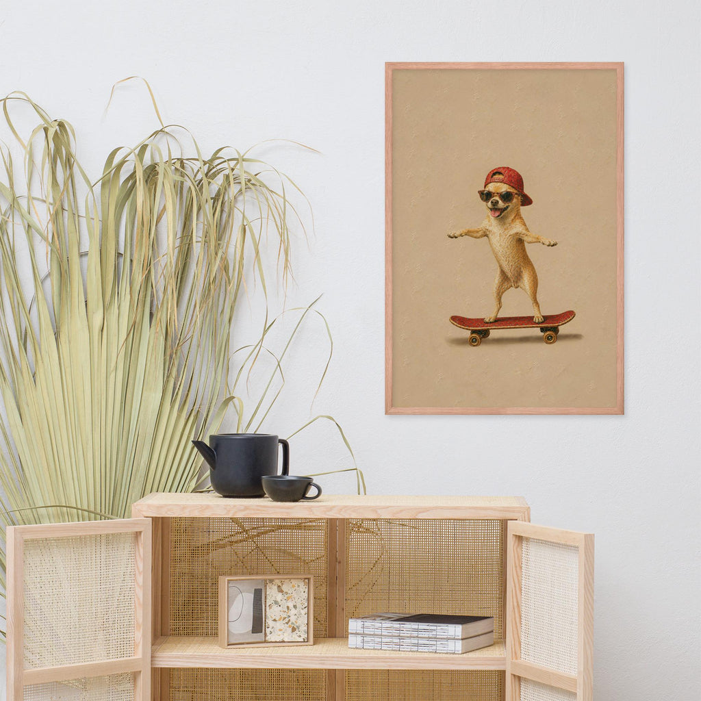Chihuahua Dog Skateboard Wall Art displayed in a modern room, ideal cozy animal decor accent for mothers day gift