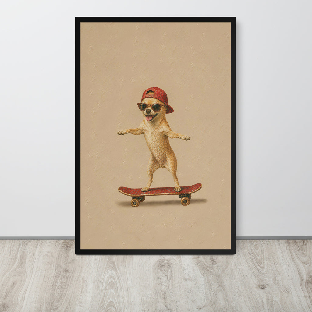 Funny chihuahua wall art print featuring a small tan chihuahua dog wearing a red cap and sunglasses while balancing on a red skateboard, displayed against a light gray wall on a wood floor.