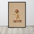 Funny chihuahua wall art print featuring a small tan chihuahua dog wearing a red cap and sunglasses while balancing on a red skateboard, displayed against a light gray wall on a wood floor.