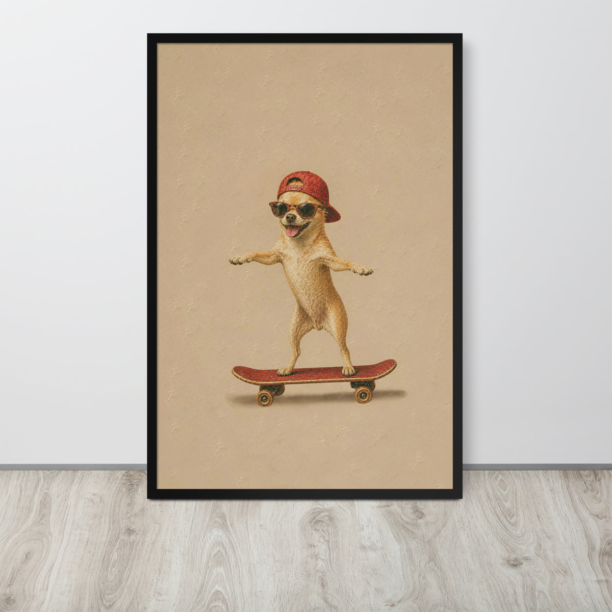 Funny chihuahua wall art print featuring a small tan chihuahua dog wearing a red cap and sunglasses while balancing on a red skateboard, displayed against a light gray wall on a wood floor.