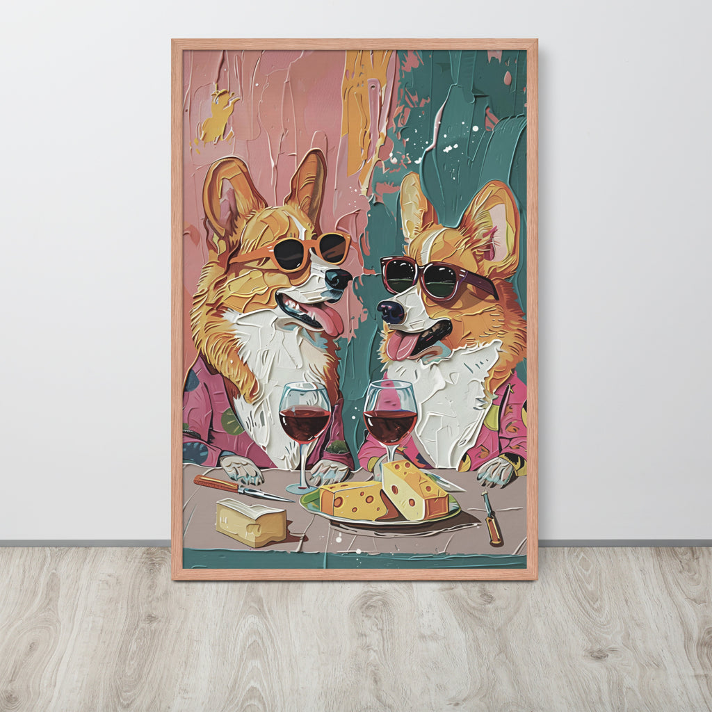 Corgi home bar art print featuring a stylized illustration of two corgi dogs wearing sunglasses and sitting at a table with wine glasses, cheese, and a loaf of bread. The print is displayed leaning against a white wall on a light wood floor.