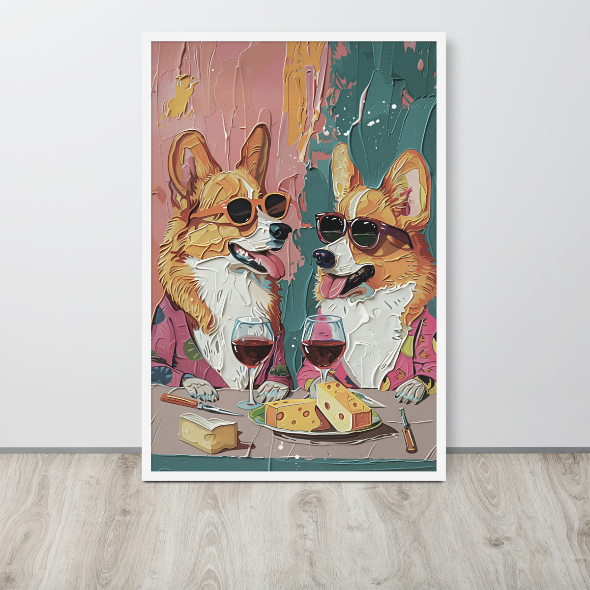 Corgi dining room art print featuring two corgi dogs wearing sunglasses and sitting at a table with wine glasses, cheese, and a block of butter, displayed against a light gray wall on a wood floor.