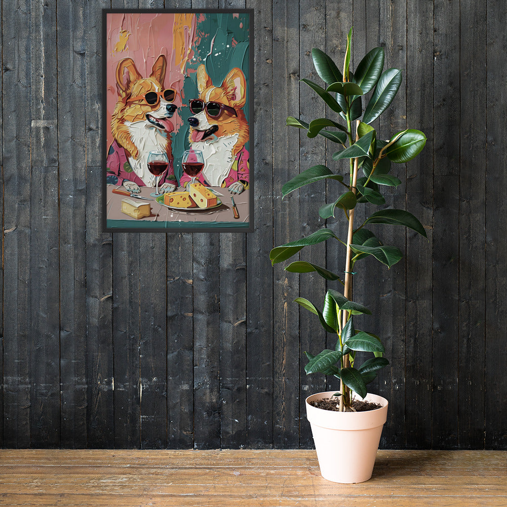 Corgi bar art print depicting two corgis in sunglasses drinking wine and sharing cheese, displayed on a dark wood wall next to a potted green plant.