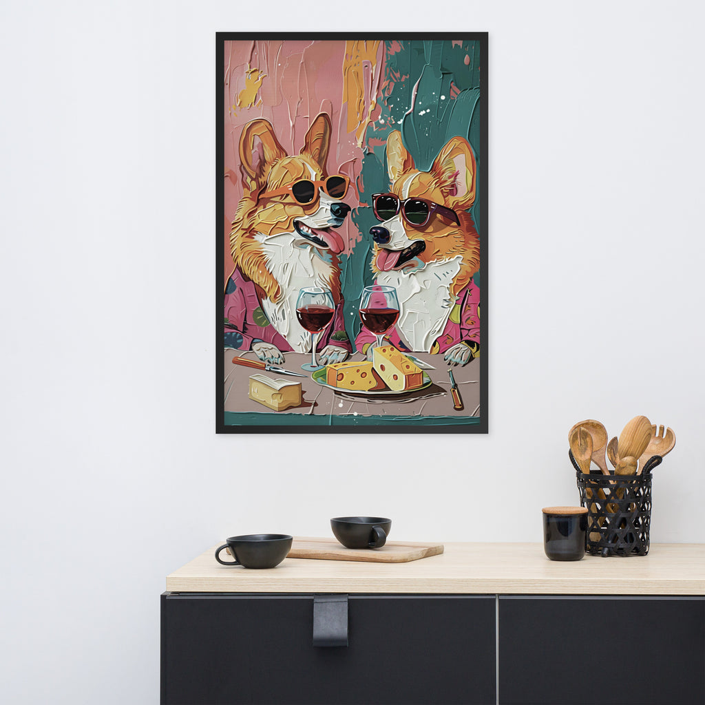 Corgi dog restaurant art print featuring two corgi dogs in sunglasses drinking wine and sharing cheese, displayed on a white wall above a kitchen counter with black mugs and utensils.