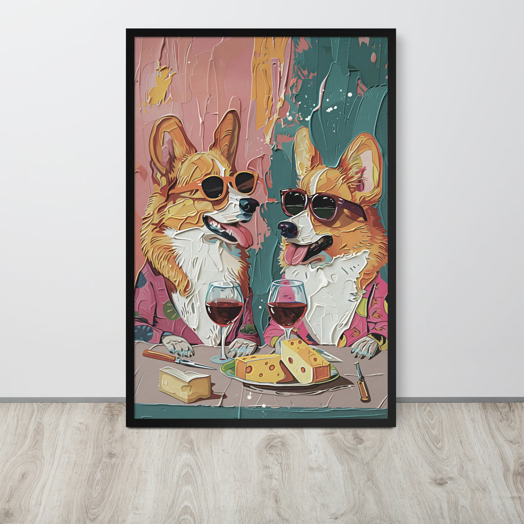 Corgi kitchen art print featuring a stylized painting of two corgi dogs wearing sunglasses and pink suits, sitting at a table with wine glasses, cheese, and a loaf of bread. The print is displayed against a light gray wall on a light wood floor.