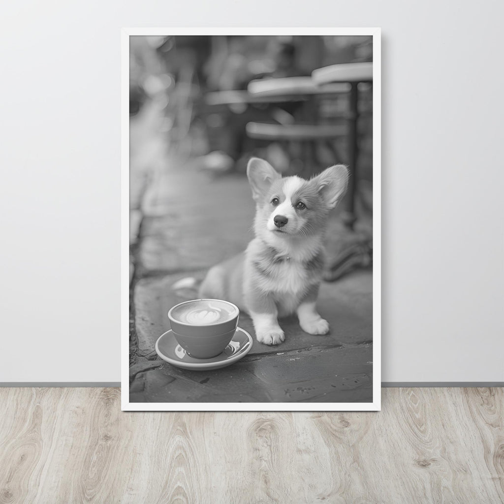 Corgi Black & White Print hanging as puppy print decor with a corgi print look