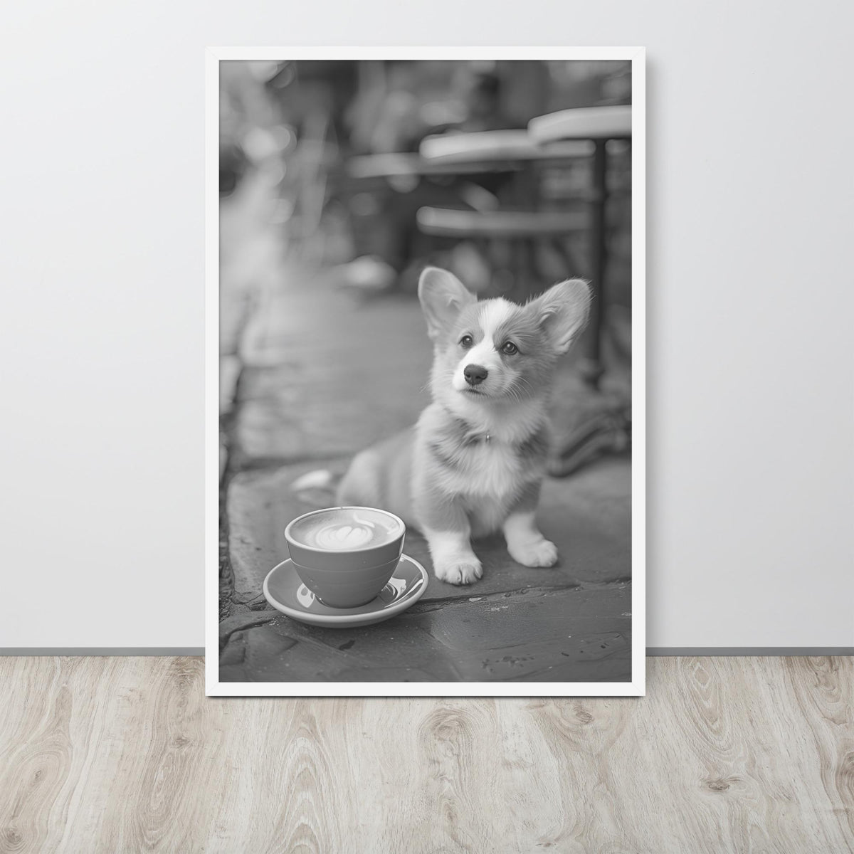 Corgi Black & White Print hanging as puppy print decor with a corgi print look
