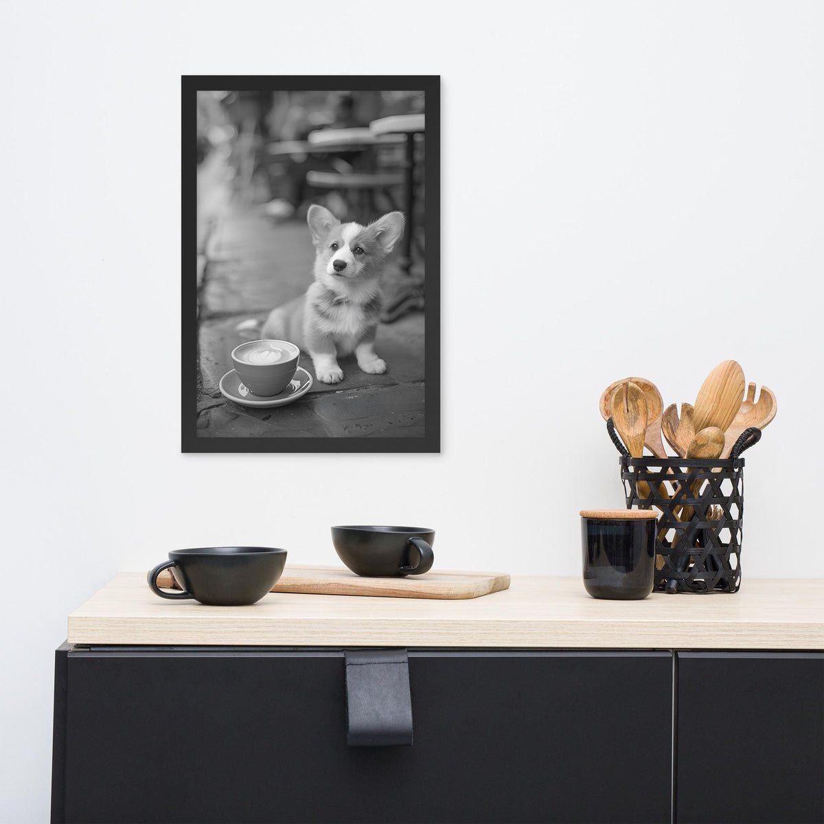 Corgi Black & White Print styled on a wall, blending black and white dog and corgi wall art inspiration