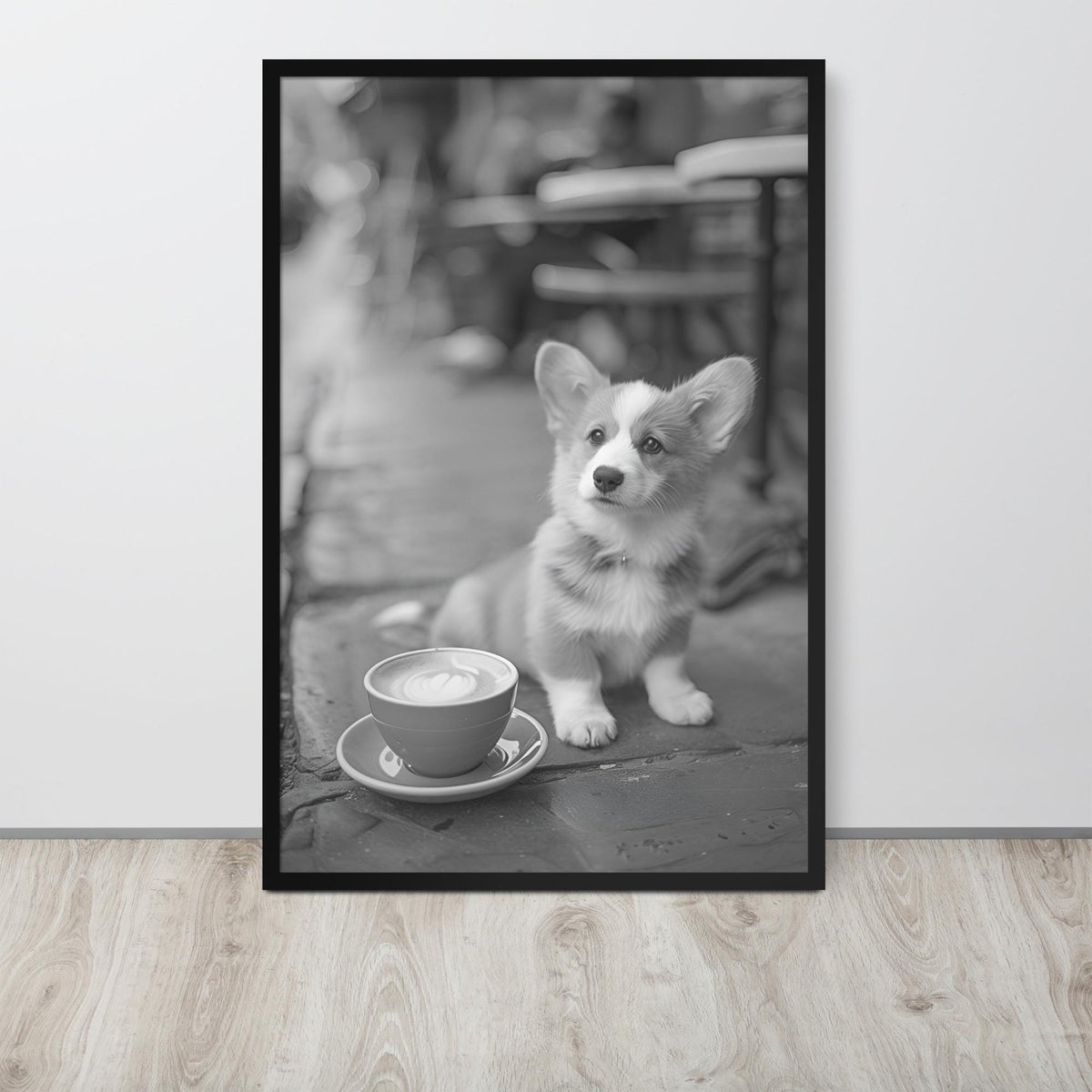 Corgi Black & White Print displayed in a modern room, ideal black white prints accent for minimalist dog art