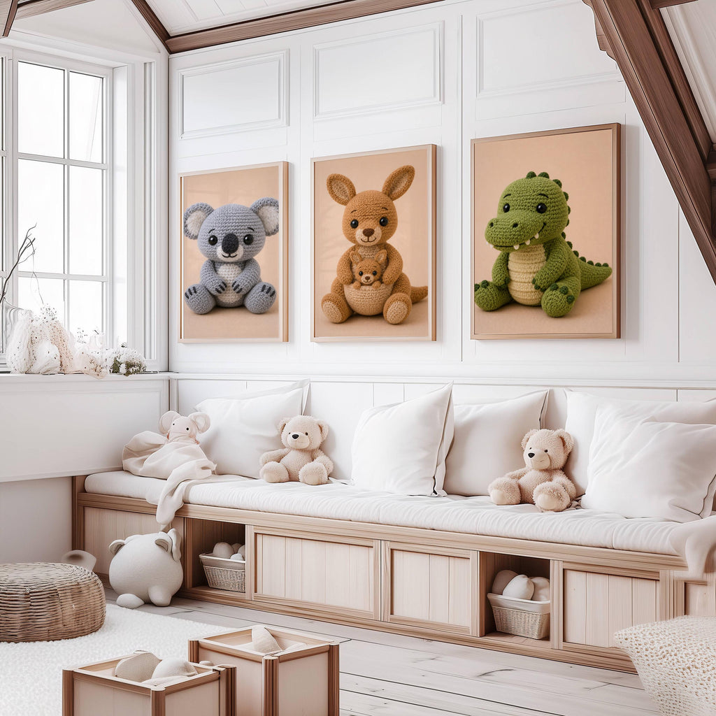 Australian Animal Nursery Set of 3 Prints styled on a wall, blending animal art set of 3 and nursery animal set inspiration