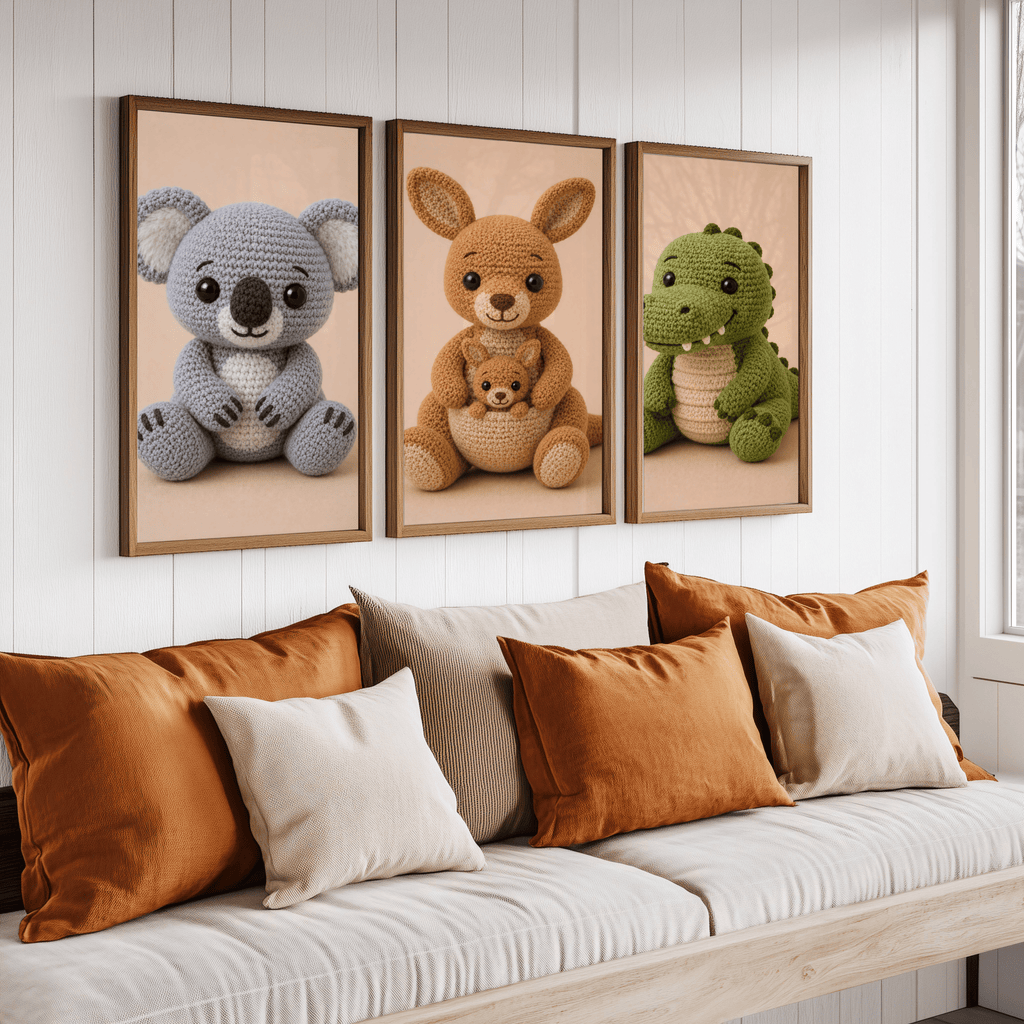 Australian Animal Nursery Set of 3 Wall Art Prints featuring 3 piece wall art of a koala, kangaroo and crocodile. Perfect for nursery for home decor
