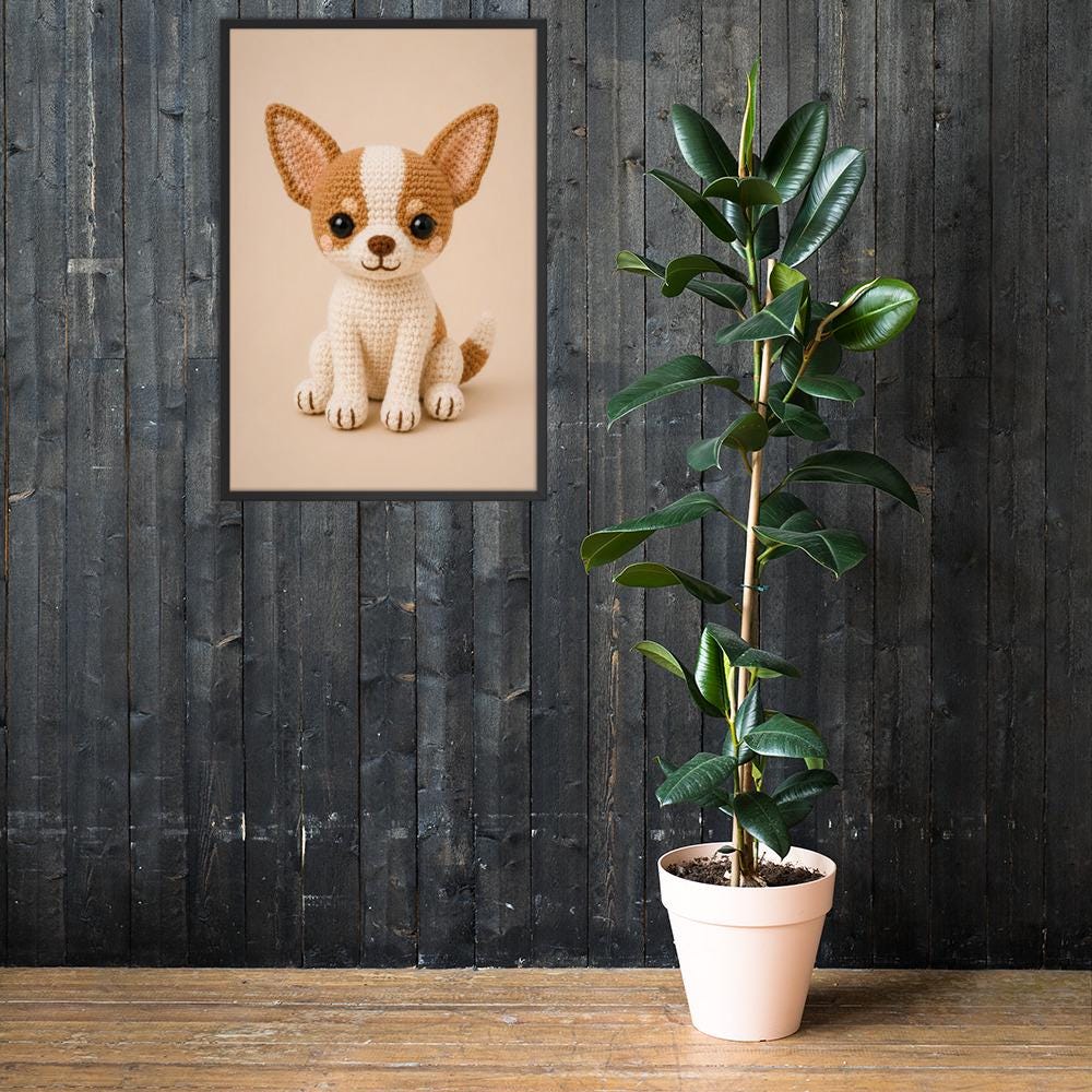 Crochet Chihuahua Dog Wall Art Print styled on a wall, blending chihuahua and cottagecore decor inspiration