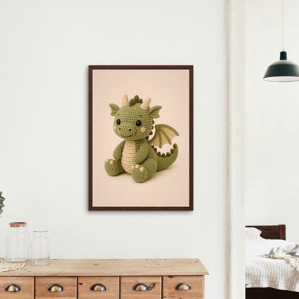 Crochet Dragon Nursery Wall Art Print featuring baby dragon, perfect dragon art for home decor