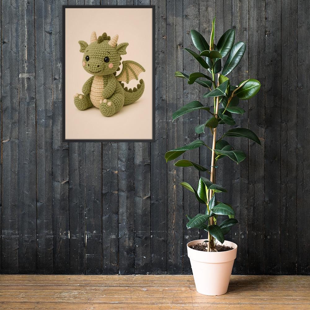 Crochet Dragon Nursery Wall Art Print styled on a wall, blending baby dragon nursery and dragon crochet inspiration