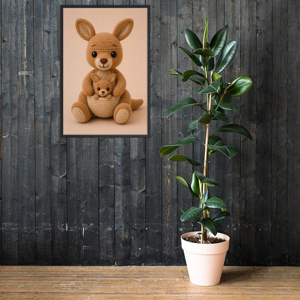 Crochet Kangaroo Nursery Wall Art Print styled on a wall, blending australian animals and kangaroo amigurumi inspiration