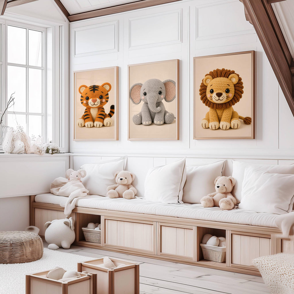 Crochet Safari Nursery Wall Art Set of 3 Prints styled on a wall, blending jungle nursery art and safari nursery inspiration