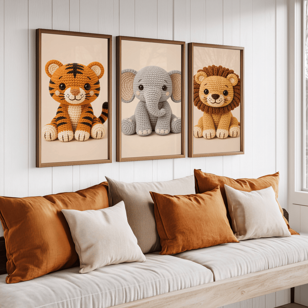 Three framed crocheted animal wall art prints hang above a sofa with cream and rust pillows in a bright living room. The prints show a crochet tiger, an elephant, and a lion in warm neutral tones.