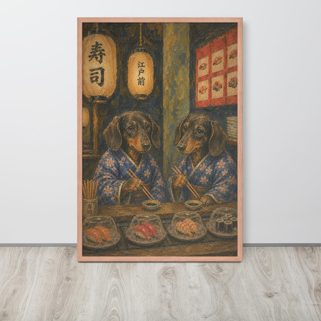 Dachshund Japanese Bar Wall Art Print hanging as whimsical dog decor with a funny dachshund look