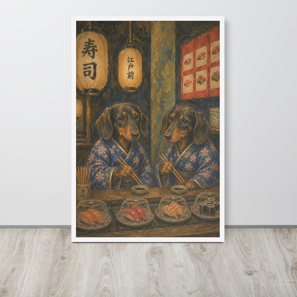 Dachshund Japanese Bar Wall Art Print lifestyle photo capturing funny dog poster, suited to dachshund art spaces