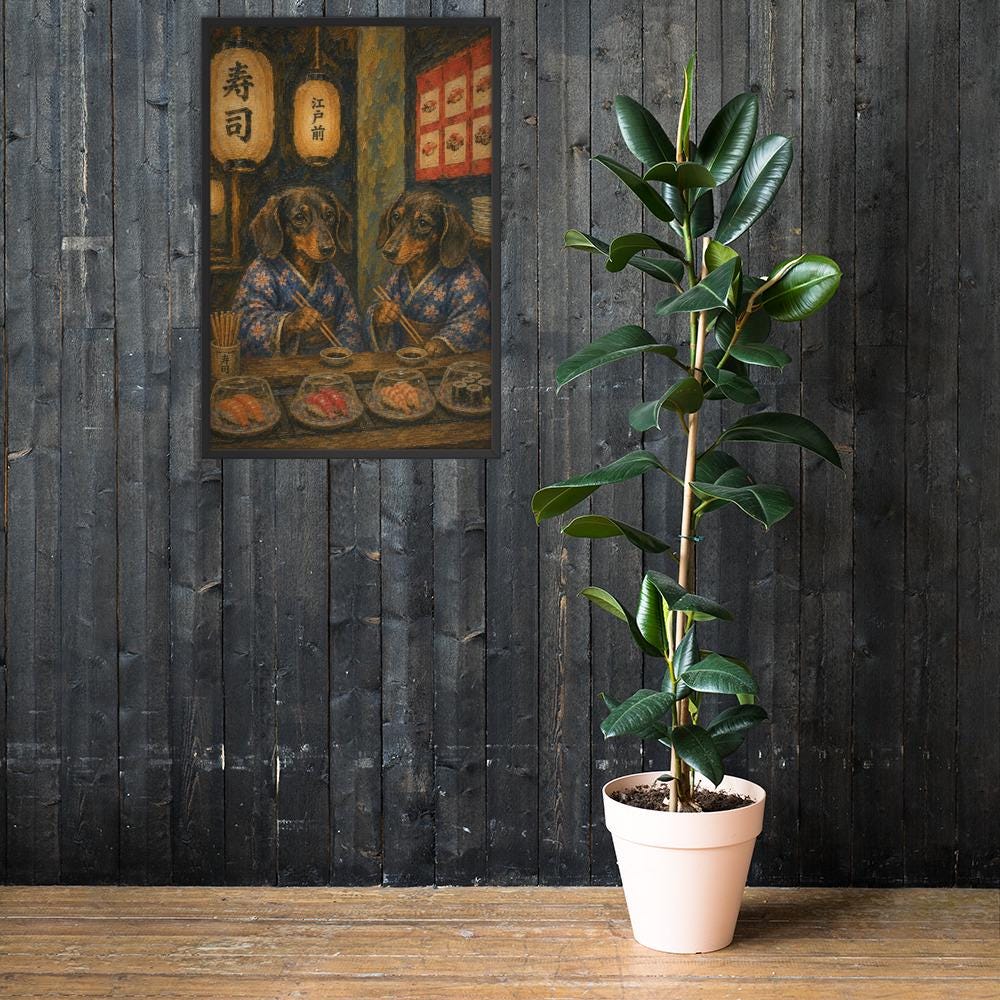 Dachshund Japanese Bar Wall Art Print mockup highlighting dachshund poster and japandi wall art style