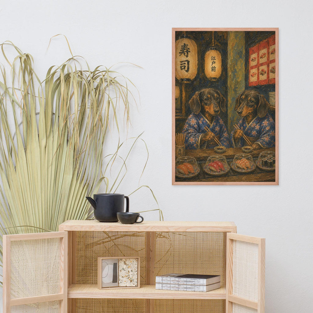 Dachshund Japanese Bar Wall Art Print displayed in a modern room, ideal dachshund print accent for japanese wall art