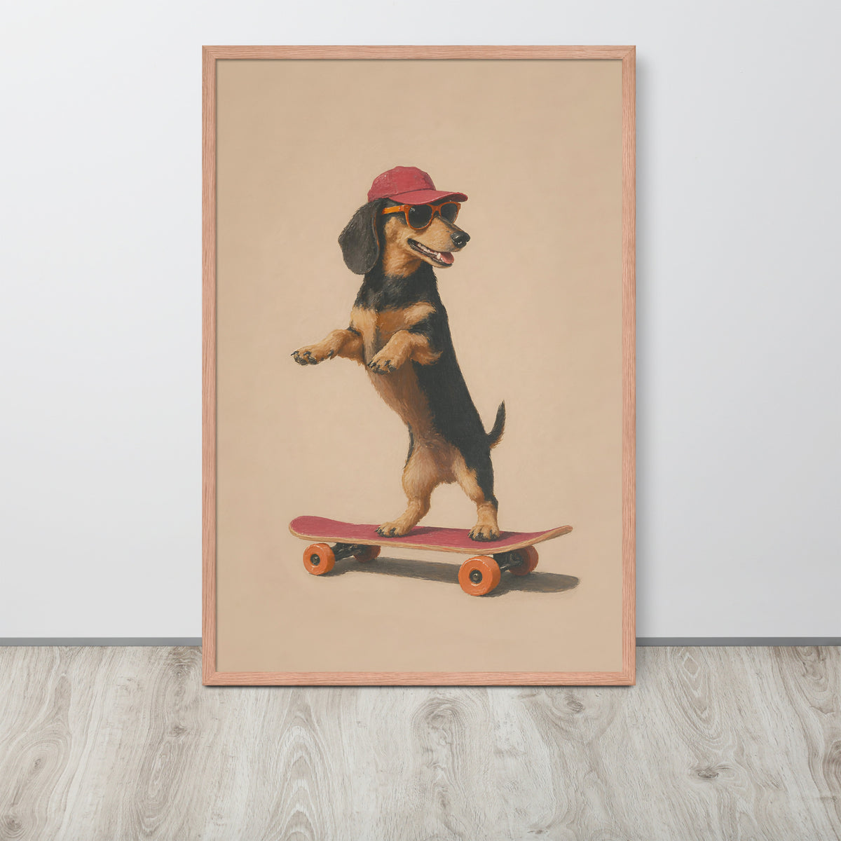 Dachshund Nursery Decor wall art print featuring a dachshund standing on a skateboard and wearing a red cap, displayed against a light gray wall on a light wood floor.
