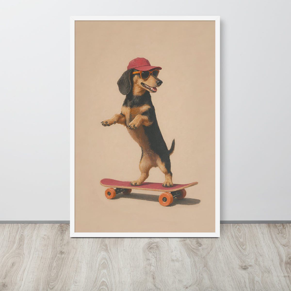 Dachshund dog nursery art poster print featuring a dachshund standing on a skateboard against a beige background, leaning against a light gray wall on a wood floor.