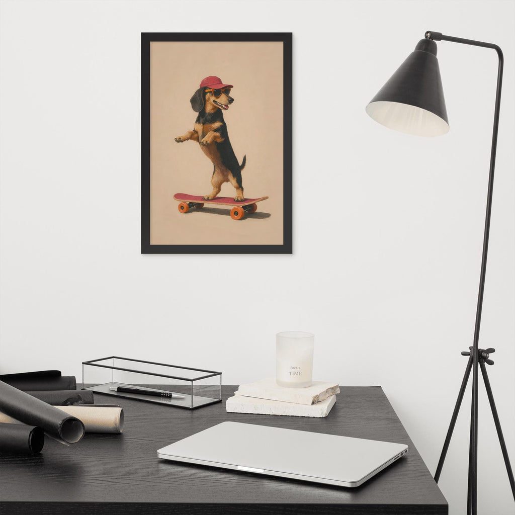 Dachshund Dog Skateboard Wall Art styled on a wall, blending cozy animal decor and funny dog gift inspiration