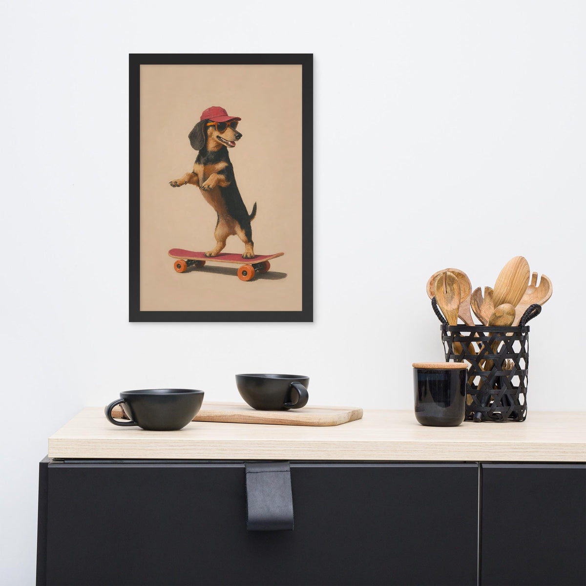 Dachshund Dog Skateboard Wall Art showcasing dachshund art, a great pick for minimalist dog art lovers