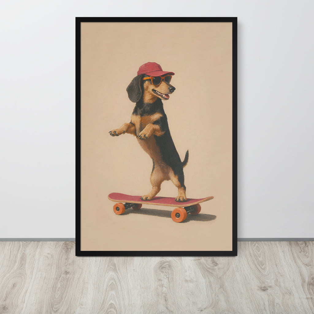 Dachshund dog wall art print leaning against a white wall on a light wood floor. The print shows a dachshund standing on a skateboard, wearing a red cap and dark sunglasses, against a warm beige background.