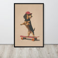 Dachshund dog wall art print leaning against a white wall on a light wood floor. The print shows a dachshund standing on a skateboard, wearing a red cap and dark sunglasses, against a warm beige background.
