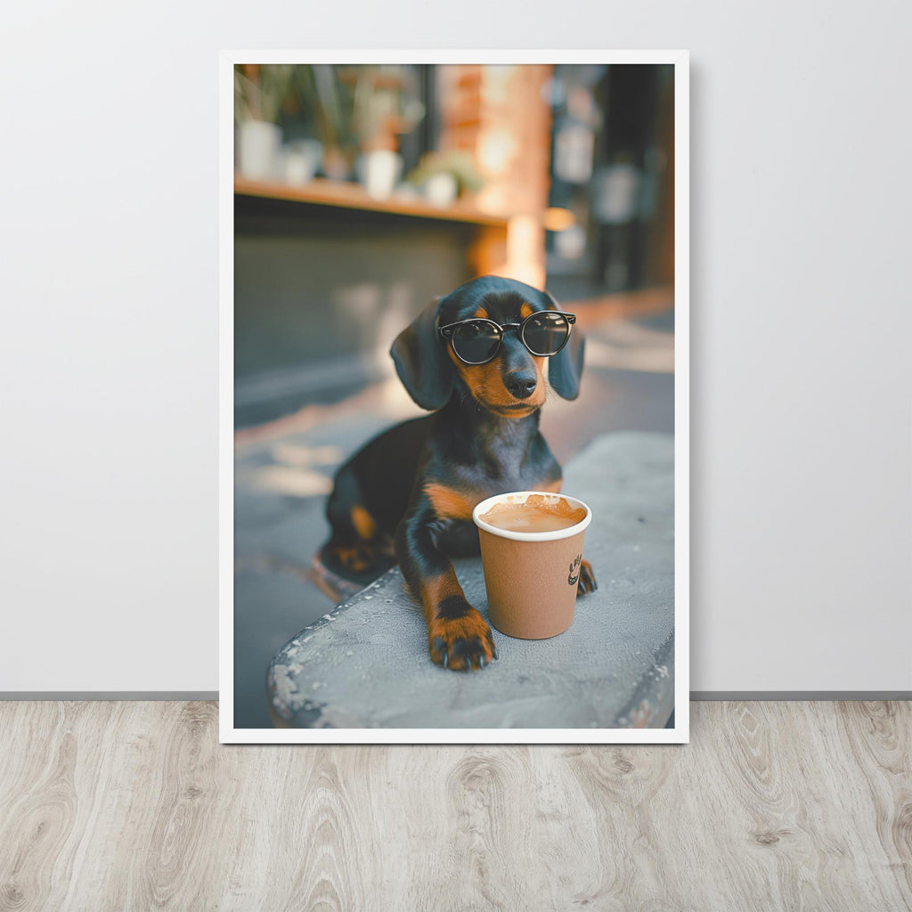 Dachshund Coffee Poster hanging as puppy dog wall art decor with a dachshund print look