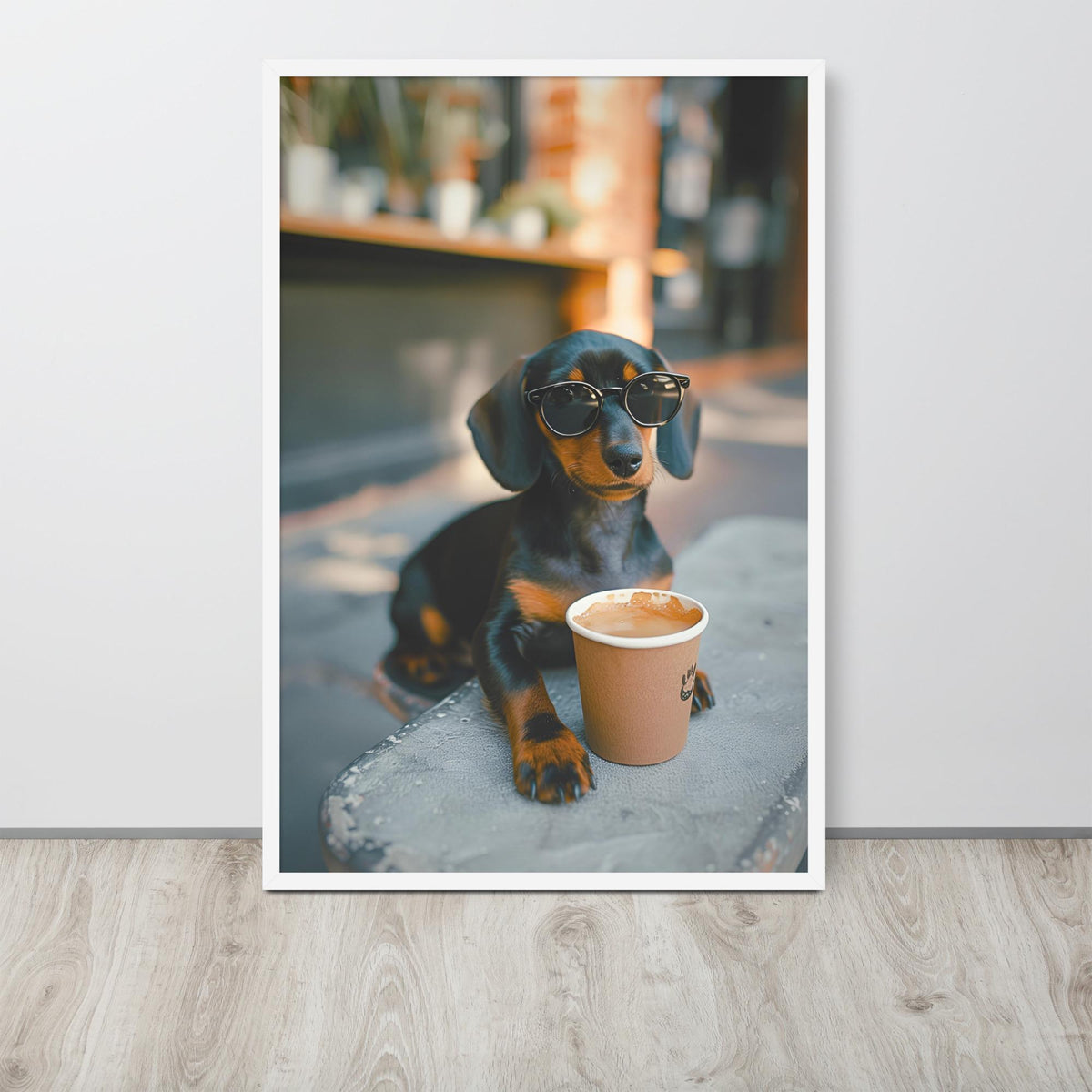 Dachshund Coffee Poster hanging as puppy dog wall art decor with a dachshund print look