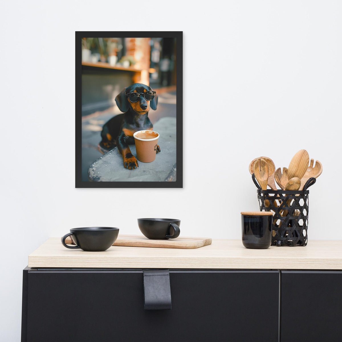 Dachshund Coffee Poster styled on a wall, blending coffee dog poster and dachshund wall art inspiration