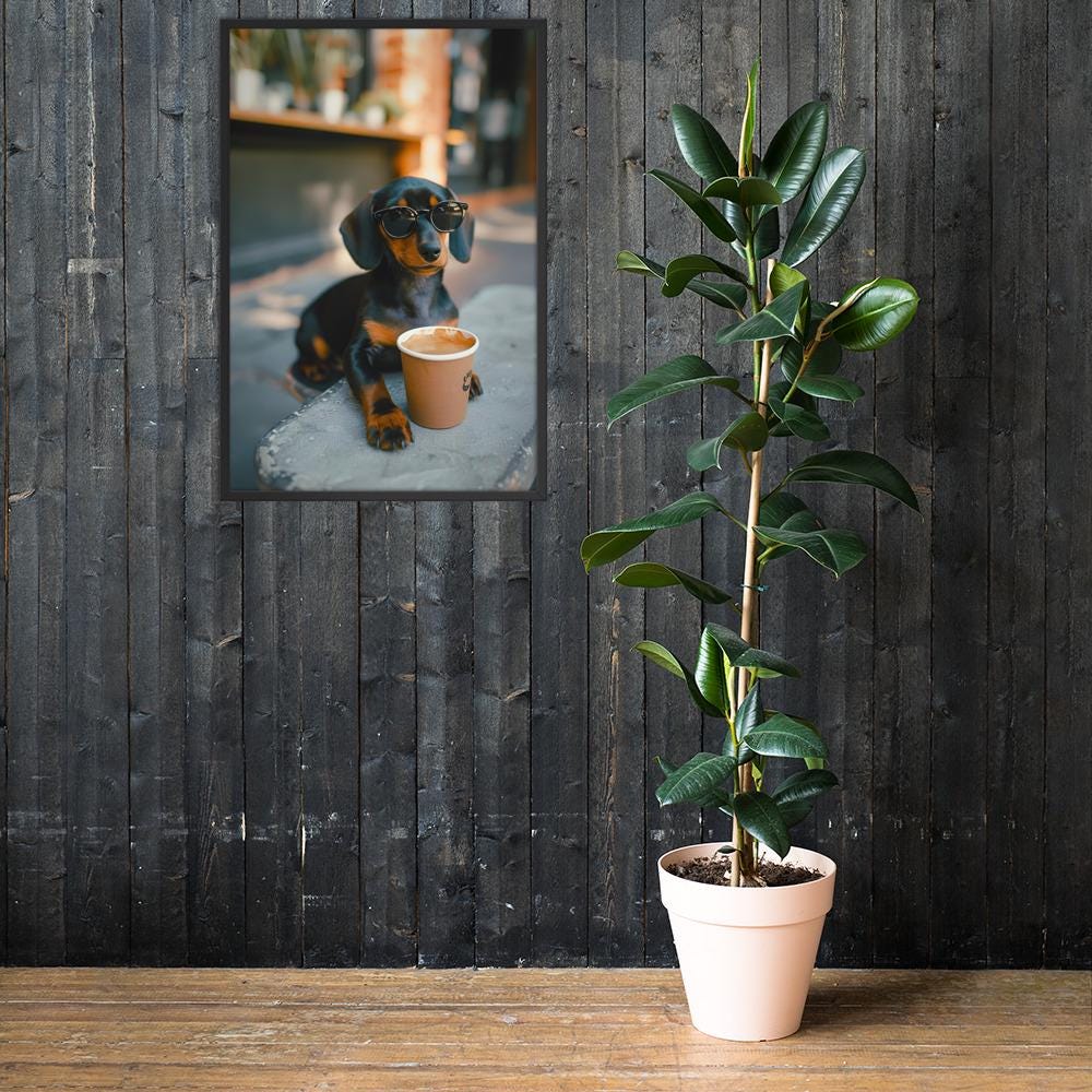 Dachshund Coffee Poster mockup highlighting coffee wall art and fine art photography style