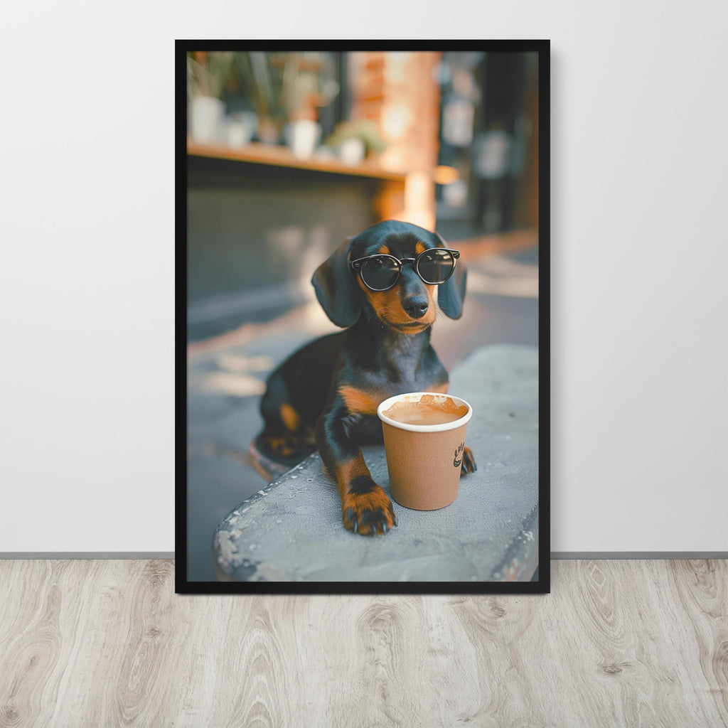 Dachshund Coffee Poster displayed in a modern room, ideal cute dog print accent for funny animal poster