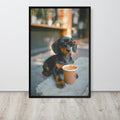 Dachshund Coffee Poster displayed in a modern room, ideal cute dog print accent for funny animal poster