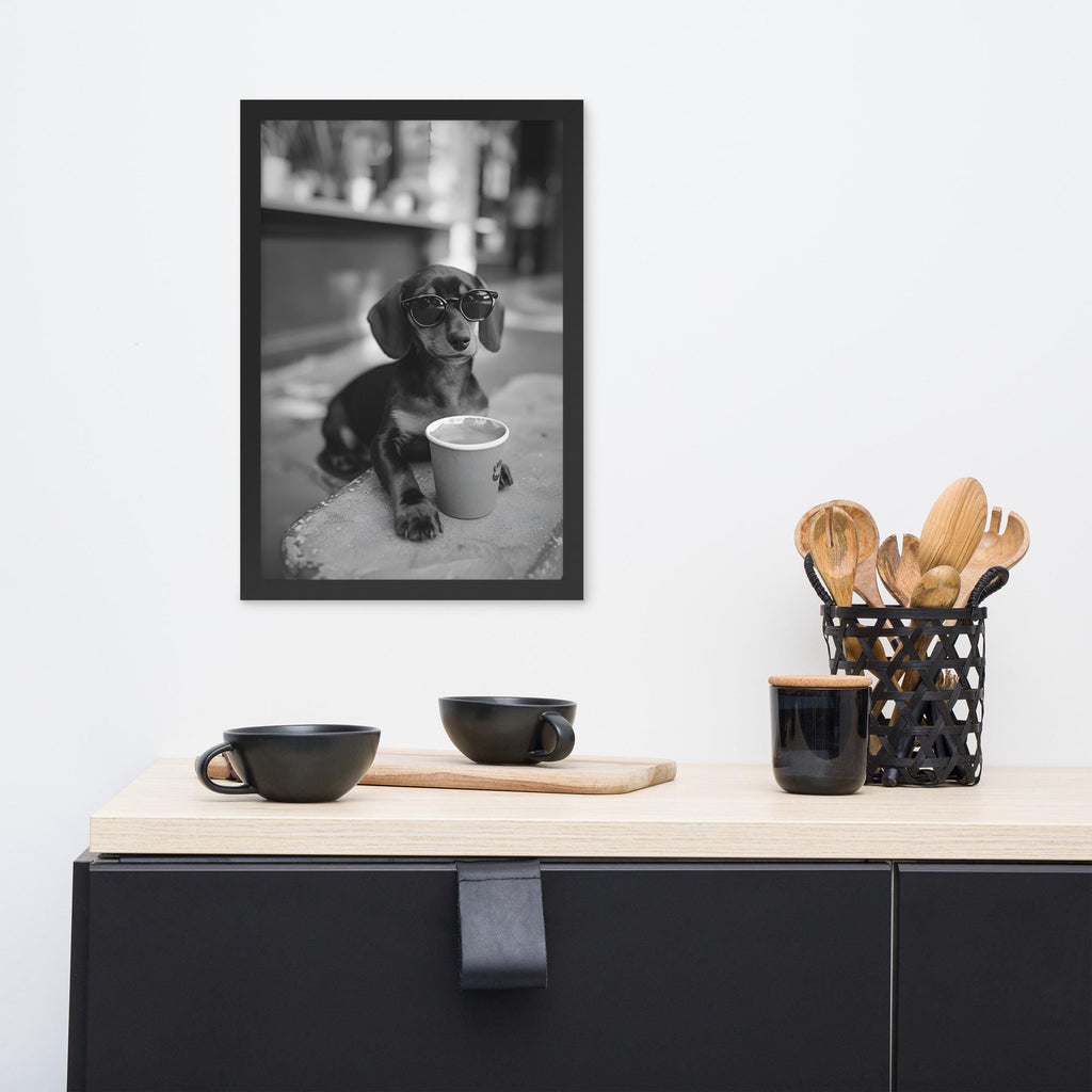 Black & White Dachshund Wall Art styled on a wall, blending coffee dog art and dog lover gifts inspiration