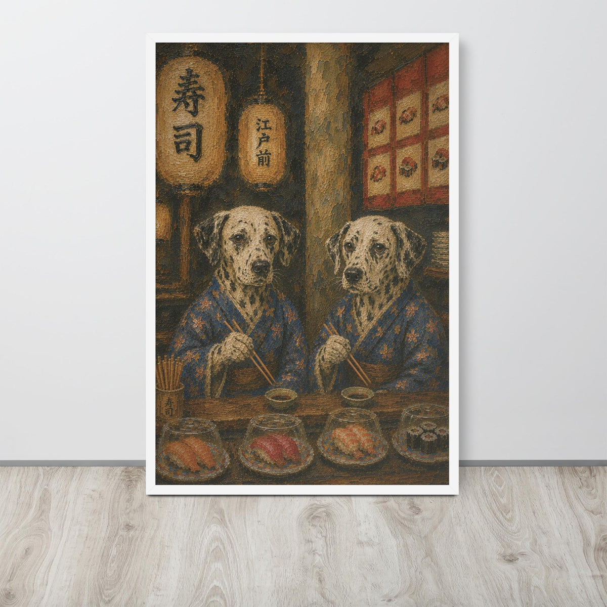 Dalmatian Japanese Bar Wall Art Print lifestyle photo capturing funny dog poster, suited to dalmatian art spaces