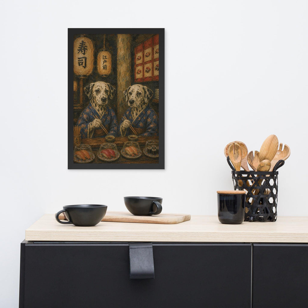 Dalmatian Japanese Bar Wall Art Print styled on a wall, blending dalmatian gifts and funny dog poster inspiration