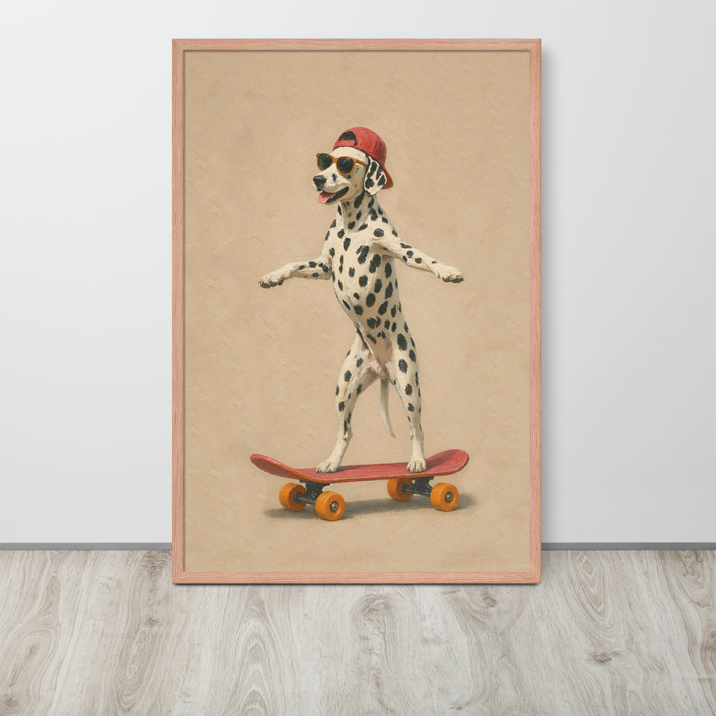 Dalmatian dog nursery wall art print featuring a Dalmatian dog standing on a red skateboard against a beige background, leaning against a white wall on a light wood floor.