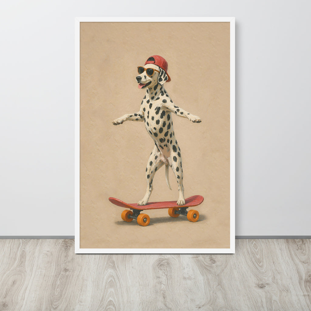 Cute dalmatian nursery wall art print featuring a Dalmatian standing on a red skateboard against a beige background, leaning against a light gray wall on a light wood floor.